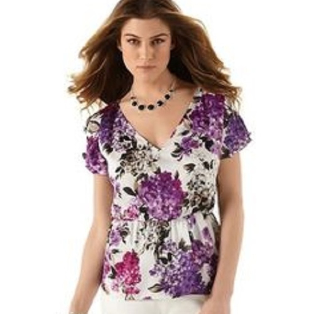White House/Black Market Flower Print Purple & Cream Blooming Blouse NWT